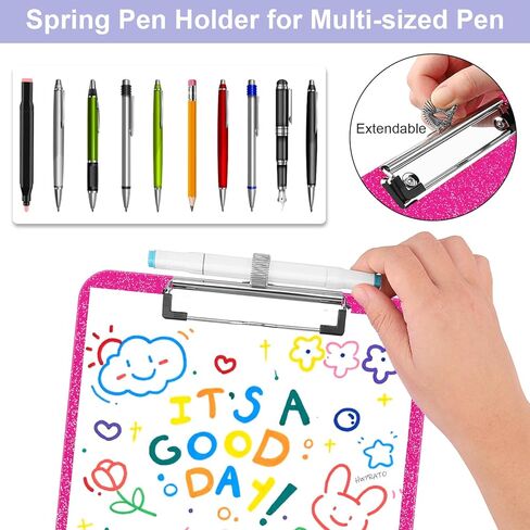 HWPRATO Glitter Clipboard with Pen Holder, Plastic Clipboards with Retractable Hook, Sparkly Clip Board for Nurse, Teather, Student, Coach (Hot Pink) in Kuwait