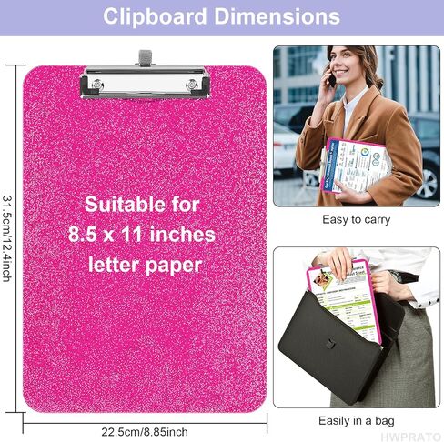 HWPRATO Glitter Clipboard with Pen Holder, Plastic Clipboards with Retractable Hook, Sparkly Clip Board for Nurse, Teather, Student, Coach (Hot Pink) in Kuwait