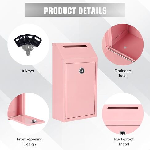 Sumerfnt Locking Cash Box with Slot, Metal Money Donation Box with Lock and 4 Keys Wall Mount, Cash Drop for Farm Stand, Self-Serve Stand, Tips, Fundraising, Pink in Saudi Arabia