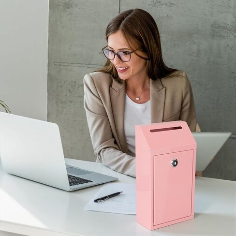 Sumerfnt Locking Cash Box with Slot, Metal Money Donation Box with Lock and 4 Keys Wall Mount, Cash Drop for Farm Stand, Self-Serve Stand, Tips, Fundraising, Pink in Saudi Arabia