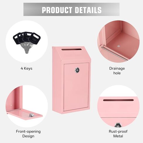 Sumerfnt Locking Cash Box with Slot, Metal Money Donation Box with Lock and 4 Keys Wall Mount, Cash Drop for Farm Stand, Self-Serve Stand, Tips, Fundraising, Pink in Saudi Arabia