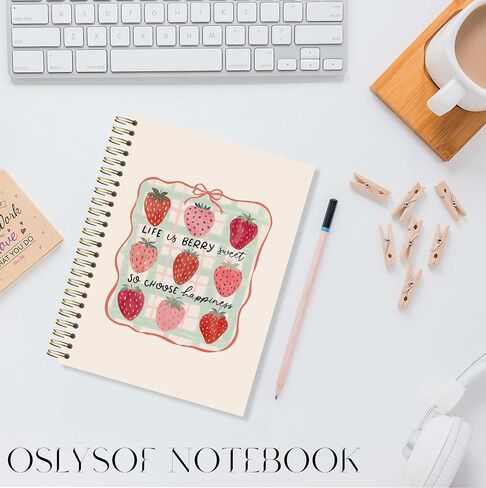 OSLYSOF كوكيت الوردي القوس الفراولة دوامة دفتر، مجلة الفراولة، دفتر لطيف جرلي، مجلة الفاكهة Preppy للنساء الفتيات، 5.5x8.3 بوصة مع 164 صفحة in Kuwait