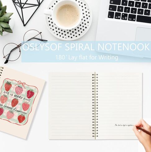 OSLYSOF كوكيت الوردي القوس الفراولة دوامة دفتر، مجلة الفراولة، دفتر لطيف جرلي، مجلة الفاكهة Preppy للنساء الفتيات، 5.5x8.3 بوصة مع 164 صفحة in Kuwait