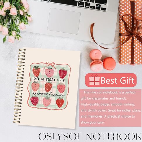 OSLYSOF كوكيت الوردي القوس الفراولة دوامة دفتر، مجلة الفراولة، دفتر لطيف جرلي، مجلة الفاكهة Preppy للنساء الفتيات، 5.5x8.3 بوصة مع 164 صفحة in Kuwait