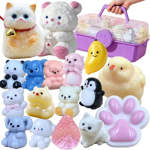 Squishy Toys Set Storage Box - Kawaii Cute Mochi Taba Squishies Slow Rising, Stress Relief Fidget Pack Kids Adults, Includes Orange Cat, Chicken, Paw, Milk Bear Squeeze Toys Set in Saudi Arabia