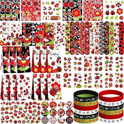 122PCS Ladybug Party Favors, 50 Stickers, 12 Assemble Stickers, 12 Button Badges, 12 Mini Notepads, 12 Slap Bracelets, 12 Rubber Bracelets, 12 Goodie Bags for for Ladybug Themed Party Supplies in Saudi Arabia