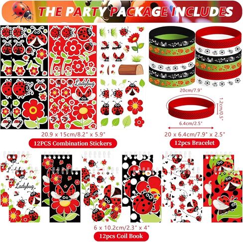 122PCS Ladybug Party Favors, 50 Stickers, 12 Assemble Stickers, 12 Button Badges, 12 Mini Notepads, 12 Slap Bracelets, 12 Rubber Bracelets, 12 Goodie Bags for for Ladybug Themed Party Supplies in Saudi Arabia