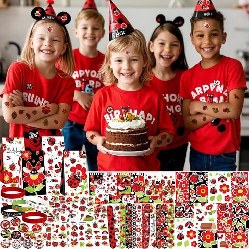 122PCS Ladybug Party Favors, 50 Stickers, 12 Assemble Stickers, 12 Button Badges, 12 Mini Notepads, 12 Slap Bracelets, 12 Rubber Bracelets, 12 Goodie Bags for for Ladybug Themed Party Supplies in Saudi Arabia