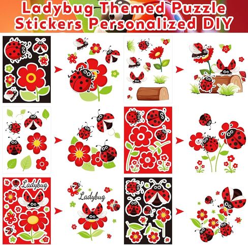 122PCS Ladybug Party Favors, 50 Stickers, 12 Assemble Stickers, 12 Button Badges, 12 Mini Notepads, 12 Slap Bracelets, 12 Rubber Bracelets, 12 Goodie Bags for for Ladybug Themed Party Supplies in Saudi Arabia