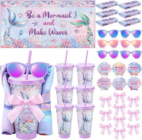 Honeydak 6 Set Mermaid Party Favors Ocean Pool and Beach Party Favors Sea Straw Tumbler Beach Towel Sunglasses Bulk for Mermaid Undersea Birthday Decor Summer Graduation Student Appreciation Gift in Kuwait