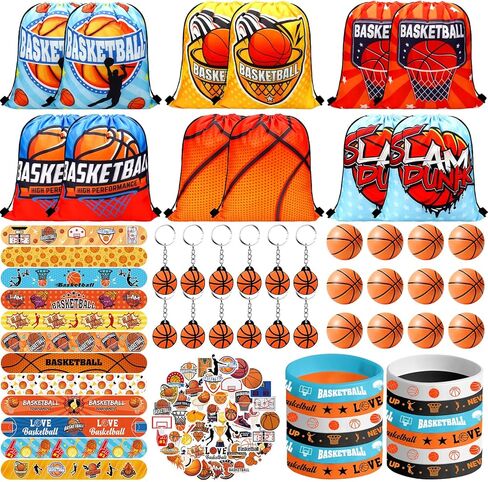 Basketball Party Favors - Includes 12PCS Drawstring Bags, Keychains, Slap Bracelets, Mini Basketball, Rubber Bracelets, Stickers for Basketball Birthday Party Decorations Supplies in Saudi Arabia