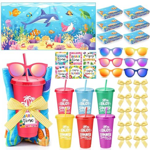 Honeydak 6 Set Mermaid Party Favors Ocean Pool and Beach Party Favors Sea Straw Tumbler Beach Towel Sunglasses Bulk for Mermaid Undersea Birthday Decor Summer Graduation Student Appreciation Gift in Kuwait