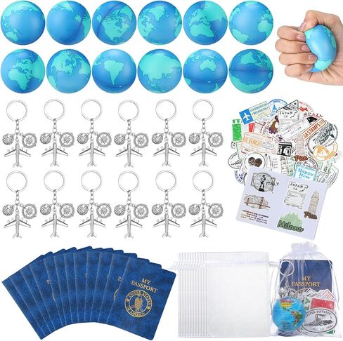 Maitys 72 Pcs Travel Party Earth Stress Balls, Airplane Keychain, Passport Book with Assorted Travel Stickers for Scrapbooks, Organza Bags for Adults Adventure Theme Party Supplies in Kuwait