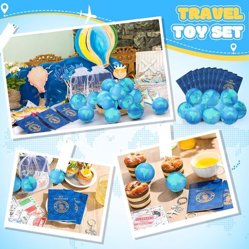 Maitys 72 Pcs Travel Party Earth Stress Balls, Airplane Keychain, Passport Book with Assorted Travel Stickers for Scrapbooks, Organza Bags for Adults Adventure Theme Party Supplies in Kuwait