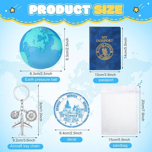 Maitys 72 Pcs Travel Party Earth Stress Balls, Airplane Keychain, Passport Book with Assorted Travel Stickers for Scrapbooks, Organza Bags for Adults Adventure Theme Party Supplies in Kuwait