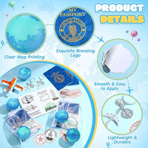 Maitys 72 Pcs Travel Party Earth Stress Balls, Airplane Keychain, Passport Book with Assorted Travel Stickers for Scrapbooks, Organza Bags for Adults Adventure Theme Party Supplies in Kuwait