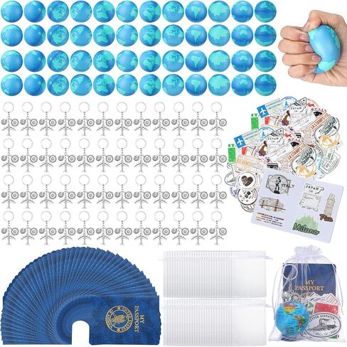 Maitys 72 Pcs Travel Party Earth Stress Balls, Airplane Keychain, Passport Book with Assorted Travel Stickers for Scrapbooks, Organza Bags for Adults Adventure Theme Party Supplies in Kuwait