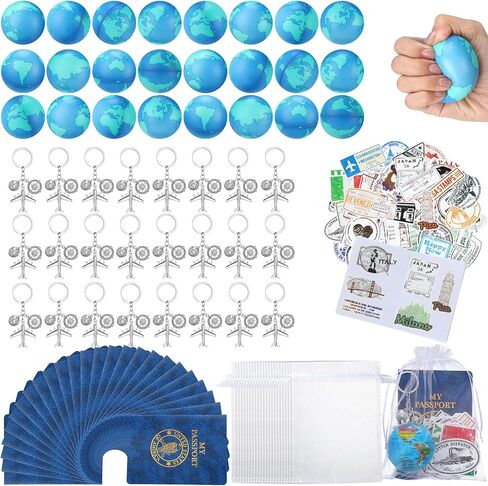 Maitys 72 Pcs Travel Party Earth Stress Balls, Airplane Keychain, Passport Book with Assorted Travel Stickers for Scrapbooks, Organza Bags for Adults Adventure Theme Party Supplies in Kuwait