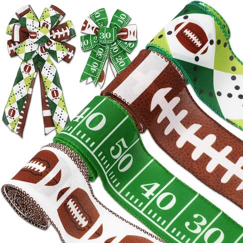 Whaline 4 Rolls Football Wired Edge Ribbons Craft Ribbon 2.5 in 24 Yards Sports Theme Fabric Wrapping Ribbon for Bow Wreath Party Home Decor in Kuwait