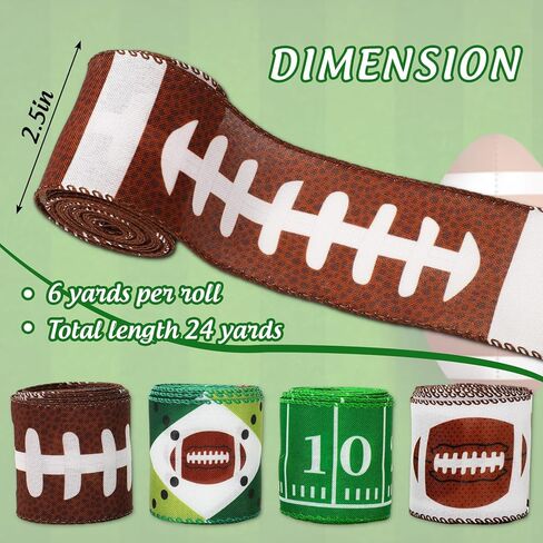Whaline 4 Rolls Football Wired Edge Ribbons Craft Ribbon 2.5 in 24 Yards Sports Theme Fabric Wrapping Ribbon for Bow Wreath Party Home Decor in Kuwait