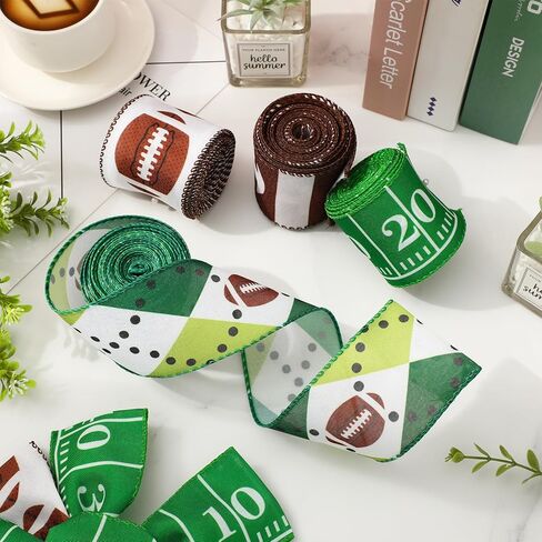 Whaline 4 Rolls Football Wired Edge Ribbons Craft Ribbon 2.5 in 24 Yards Sports Theme Fabric Wrapping Ribbon for Bow Wreath Party Home Decor in Kuwait