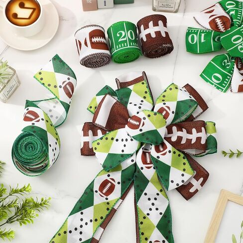 Whaline 4 Rolls Football Wired Edge Ribbons Craft Ribbon 2.5 in 24 Yards Sports Theme Fabric Wrapping Ribbon for Bow Wreath Party Home Decor in Kuwait