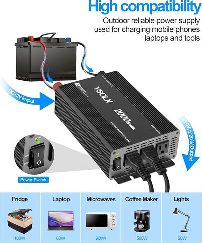 YSOLX 2000W Power Inverter 12V to 110V, DC to AC Inverter with 3 AC Outlets for RV Truck Camping, Home Emergency Use (4000W Peak) in Saudi Arabia