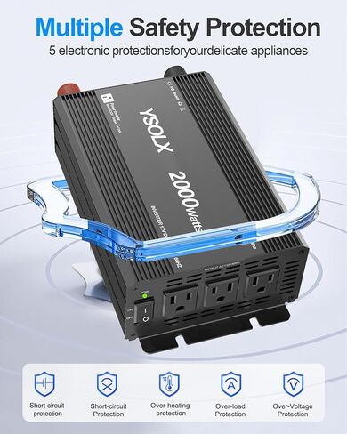 YSOLX 2000W Power Inverter 12V to 110V, DC to AC Inverter with 3 AC Outlets for RV Truck Camping, Home Emergency Use (4000W Peak) in Saudi Arabia