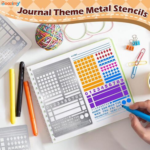 Metal Stencil for Bullet Journaling & Planning - 4x7 Inch Reusable Stainless Steel Template with Lines, Banners, Trackers, Bookmark for A5 Notebook, Wood Burning, Crafts in Kuwait