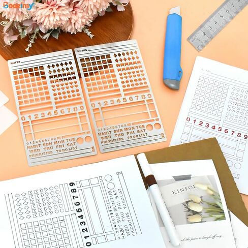 Metal Stencil for Bullet Journaling & Planning - 4x7 Inch Reusable Stainless Steel Template with Lines, Banners, Trackers, Bookmark for A5 Notebook, Wood Burning, Crafts in Kuwait