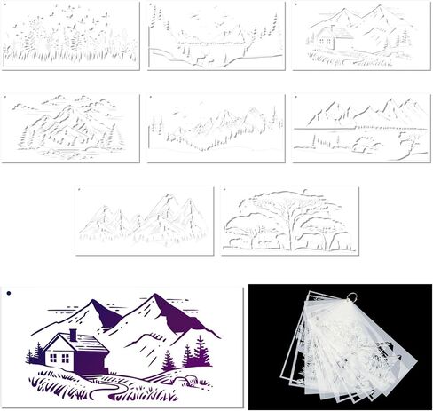 8pcs Stencils for Painting, 9.44x4.72in Mixed Reusable Stencils for Crafts Flexible Washable Paint Stencil for Wooden Craft Furniture Paper Drawing Templates with Mountains Bird Trees Jungles Animals in Kuwait