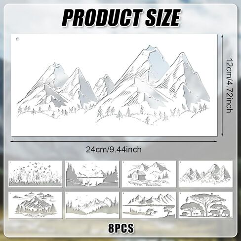 8pcs Stencils for Painting, 9.44x4.72in Mixed Reusable Stencils for Crafts Flexible Washable Paint Stencil for Wooden Craft Furniture Paper Drawing Templates with Mountains Bird Trees Jungles Animals in Kuwait
