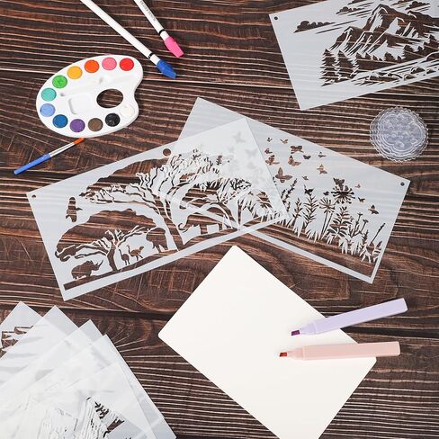 8pcs Stencils for Painting, 9.44x4.72in Mixed Reusable Stencils for Crafts Flexible Washable Paint Stencil for Wooden Craft Furniture Paper Drawing Templates with Mountains Bird Trees Jungles Animals in Kuwait