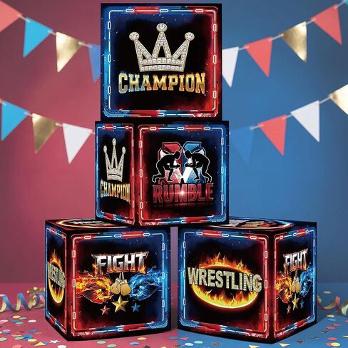 HAPPARTY Wrestling Theme Block Boxes 30x30CM Centerpieces 4PCS for Birthday Baby Shower Wrestle Man Celebrating Event Party Background Photo Booth Props Deccorations Supplies in Saudi Arabia