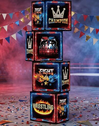 HAPPARTY Wrestling Theme Block Boxes 30x30CM Centerpieces 4PCS for Birthday Baby Shower Wrestle Man Celebrating Event Party Background Photo Booth Props Deccorations Supplies in Saudi Arabia