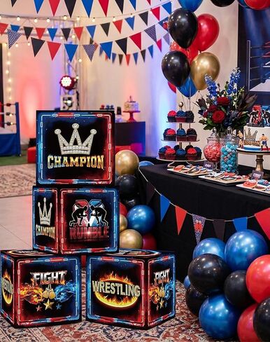 HAPPARTY Wrestling Theme Block Boxes 30x30CM Centerpieces 4PCS for Birthday Baby Shower Wrestle Man Celebrating Event Party Background Photo Booth Props Deccorations Supplies in Saudi Arabia