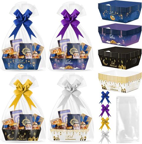 OSNIE Eid Mubarak Gift Bag Empty Baskets - 24 Sets Islamic Eid Gold Lantern and Moon Party Gift Baskets Empty with Cellophane Bags and Ribbons Bows for Festivals Holiday Business Carnival (4 Styles) in Saudi Arabia