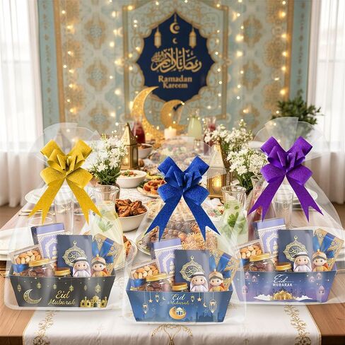 OSNIE Eid Mubarak Gift Bag Empty Baskets - 24 Sets Islamic Eid Gold Lantern and Moon Party Gift Baskets Empty with Cellophane Bags and Ribbons Bows for Festivals Holiday Business Carnival (4 Styles) in Saudi Arabia