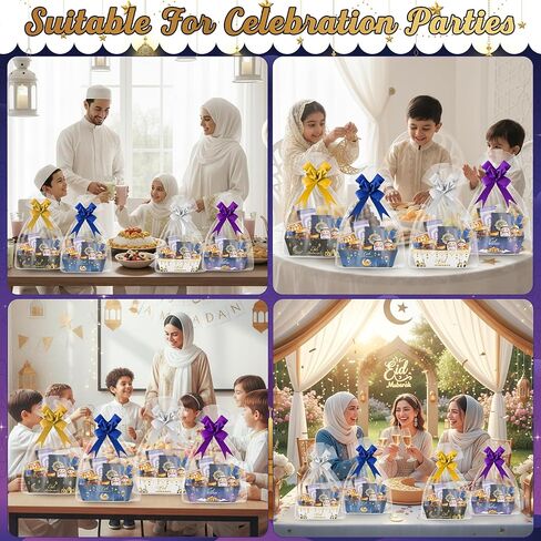 OSNIE Eid Mubarak Gift Bag Empty Baskets - 24 Sets Islamic Eid Gold Lantern and Moon Party Gift Baskets Empty with Cellophane Bags and Ribbons Bows for Festivals Holiday Business Carnival (4 Styles) in Saudi Arabia