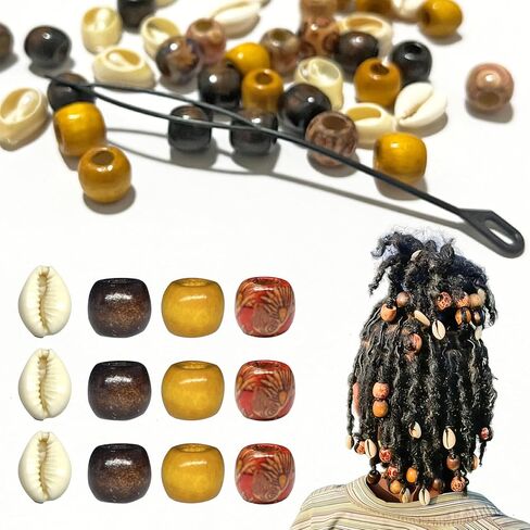 60 قطعة من خرز الشعر الخشبي للضفائر ذات الفتحة الكبيرة، إكسسوارات الشعر الخشبية ذات الخرز المجدول، متعددة الأشكال، خرز طبيعي مختلط لتزيين الشعر للنساء/الرجال in Saudi Arabia