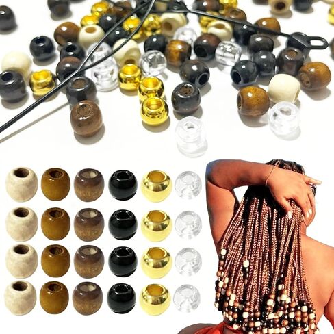 60 قطعة من خرز الشعر الخشبي للضفائر ذات الفتحة الكبيرة، إكسسوارات الشعر الخشبية ذات الخرز المجدول، متعددة الأشكال، خرز طبيعي مختلط لتزيين الشعر للنساء/الرجال in Saudi Arabia