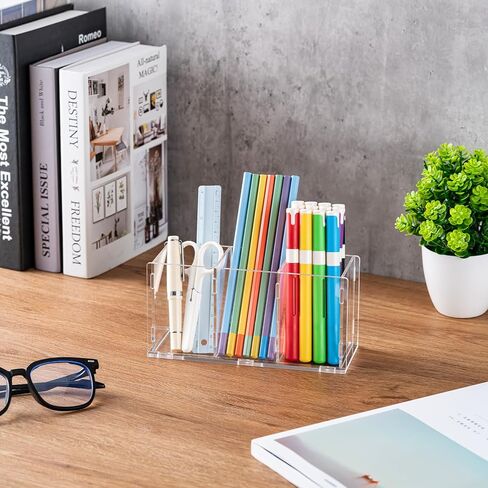 منظم مكتب أكريليك شفاف، حامل أقلام ممتاز للمكتب 3 فتحات حامل أقلام سطح المكتب لتنظيم المكياج للمكتب وغرفة النوم والحمام والمطبخ (1، شفاف) in Kuwait