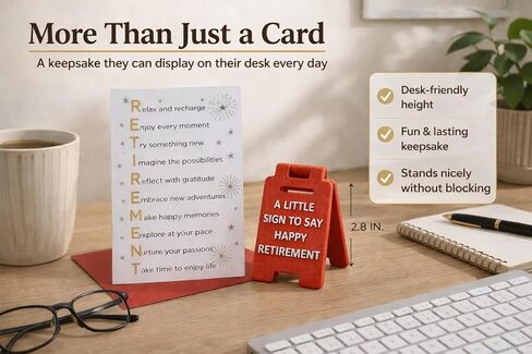 Fun-Plus Retirement Card with Mini Desk Sign – 2-in-1 Retirement Greeting Card & Keepsake Set – Uplifting 7x4.75" Farewell Card for Woman & Man – Small Retirement Gift & Gift Basket Filler Memento in Kuwait