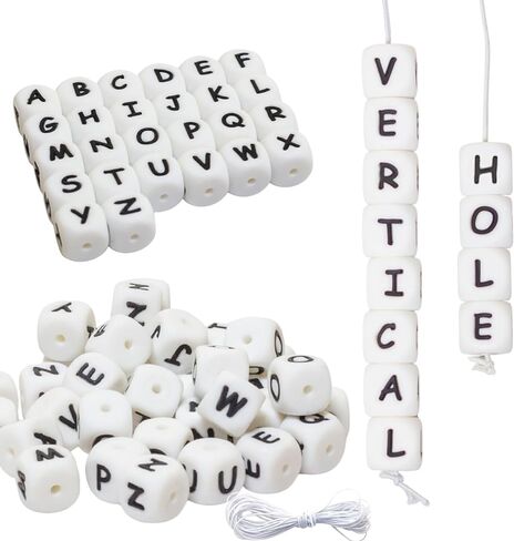 83PCS Silicone Letter Beads Vertical Hole 12mm A-Z Extra Vowels Even Smooth Accurate Square Silicone Beads for Pens Lanyards Alphabet Keychains Making White New in Saudi Arabia