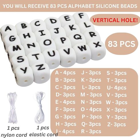 83PCS Silicone Letter Beads Vertical Hole 12mm A-Z Extra Vowels Even Smooth Accurate Square Silicone Beads for Pens Lanyards Alphabet Keychains Making White New in Saudi Arabia