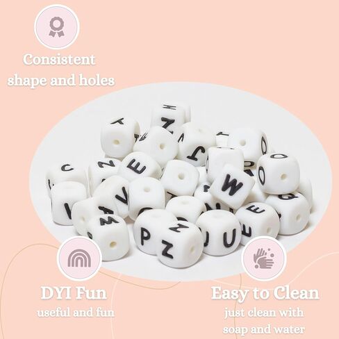 83PCS Silicone Letter Beads Vertical Hole 12mm A-Z Extra Vowels Even Smooth Accurate Square Silicone Beads for Pens Lanyards Alphabet Keychains Making White New in Saudi Arabia