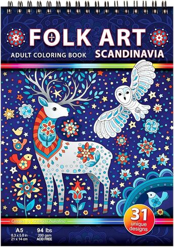 Folk Art. Scandinavia. Travel Size Adult Coloring Book on Thick Artist Paper with a Spiral Binding on the top in Saudi Arabia