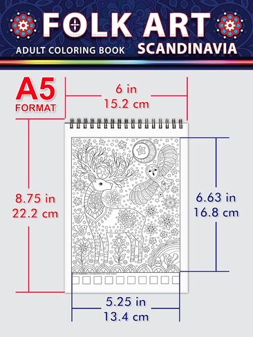 Folk Art. Scandinavia. Travel Size Adult Coloring Book on Thick Artist Paper with a Spiral Binding on the top in Saudi Arabia
