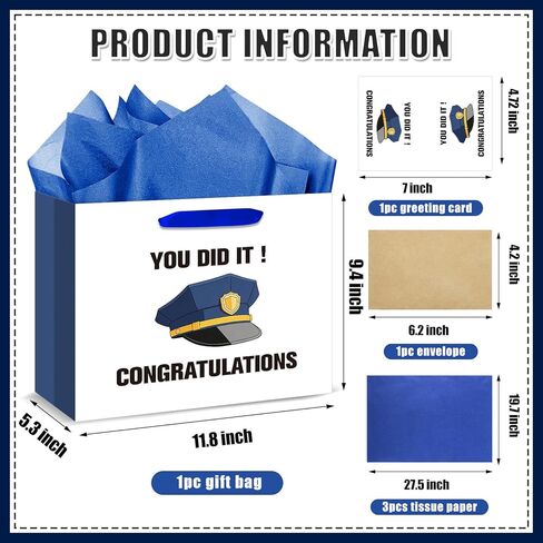 bigniuzi Police Gift Bag with Tissue Paper Greeting Card for Police Academy Graduation, Police Wrapping Paper for Police Officer Congratulation, Policeman Retirement Gift Wrap in Saudi Arabia