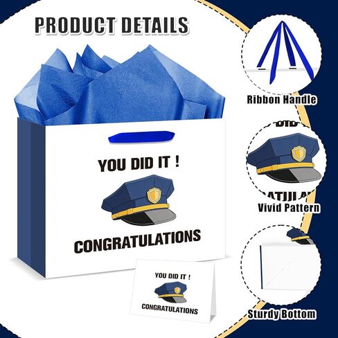 bigniuzi Police Gift Bag with Tissue Paper Greeting Card for Police Academy Graduation, Police Wrapping Paper for Police Officer Congratulation, Policeman Retirement Gift Wrap in Saudi Arabia